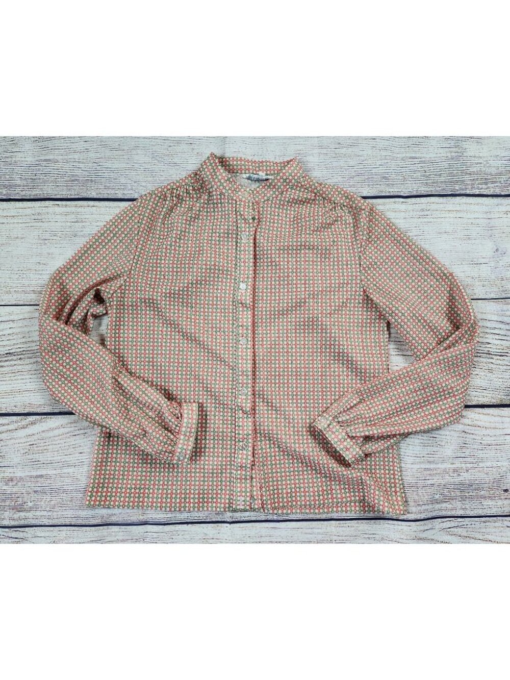 VTG 70s Sears Knit Boutique Large Green Pink Checkered Button Up Shirt Prairie